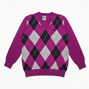 EXPRESS Argyle V Neck Sweater Magenta Black Grey M Grandpacore Dark Academia